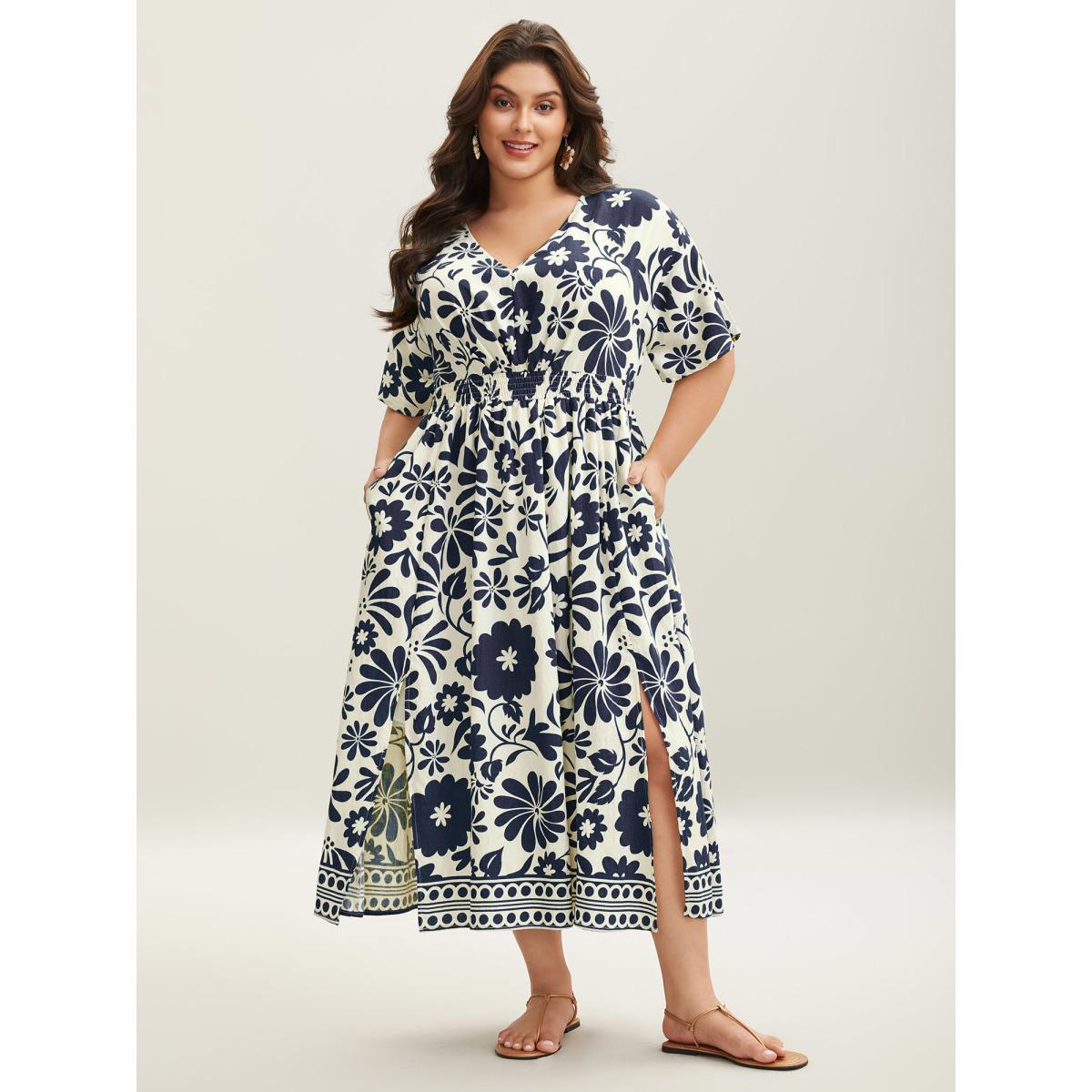 Plus Size Large Floral Print Pockets Midi Dress Indigo Women Resort Slit V-neck Short sleeve Curvy BloomChic 30/6X Product Image