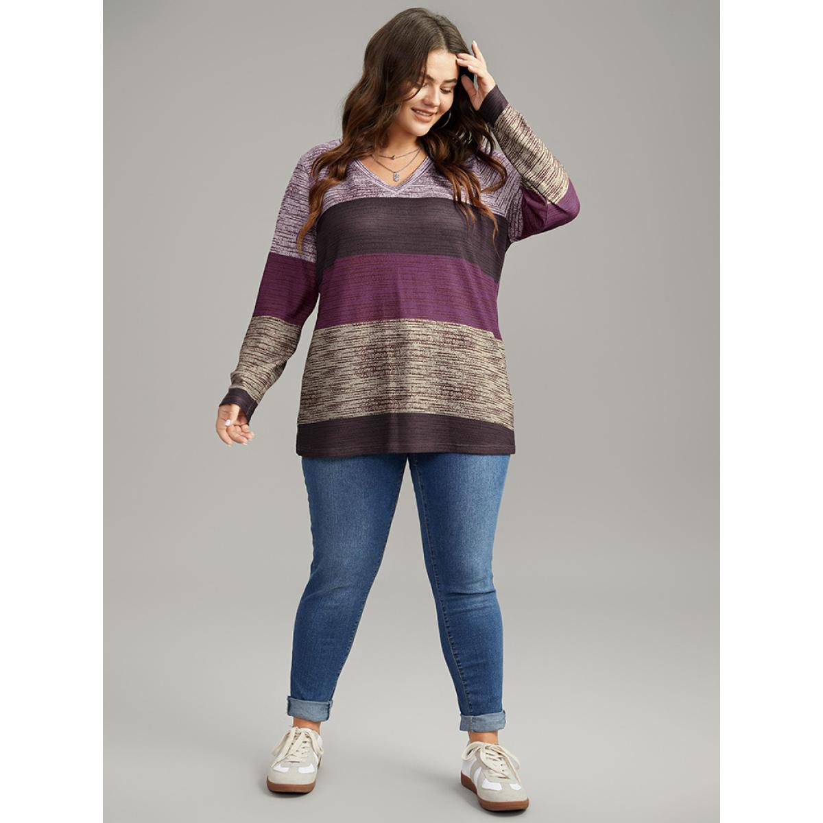 Plus Size Striped Colorblock Contrast V Neck T-shirt Purple Women Casual Contrast Colorblock V-neck Everyday T-shirts BloomChic 28/5X Product Image