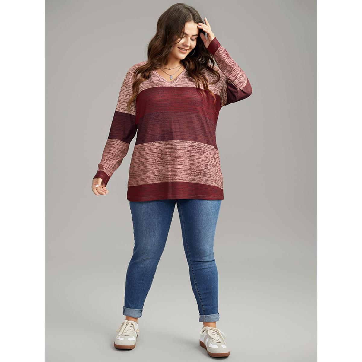 Plus Size Striped Colorblock Contrast V Neck T-shirt Red Women Casual Contrast Colorblock V-neck Everyday T-shirts BloomChic 26/4X Product Image