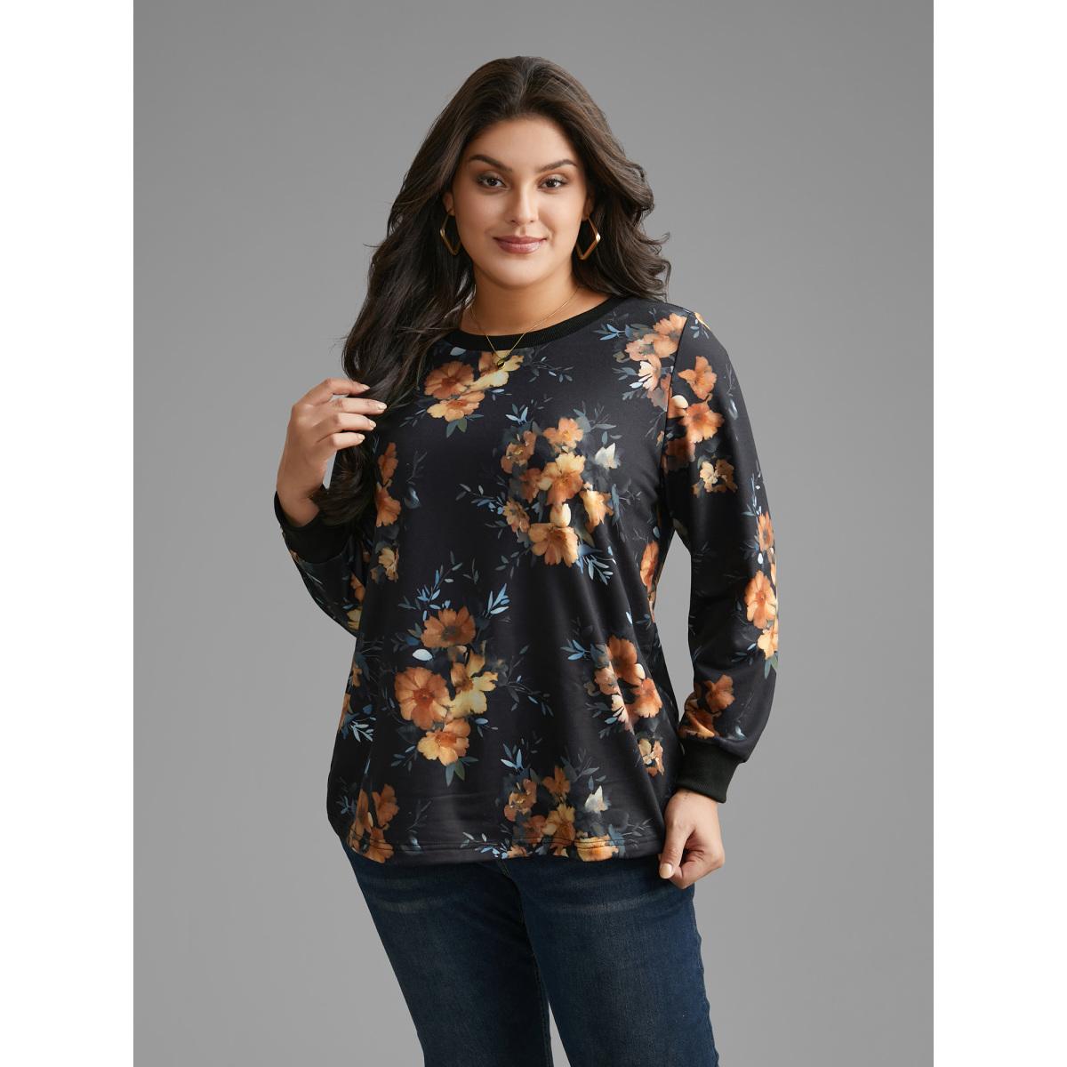 Plus Size Round Neck Natural Flowers Slightly Stretchy Sweatshirt Women Black Elegant Contrast Round Neck Everyday Sweatshirts BloomChic 22-24/3X Product Image