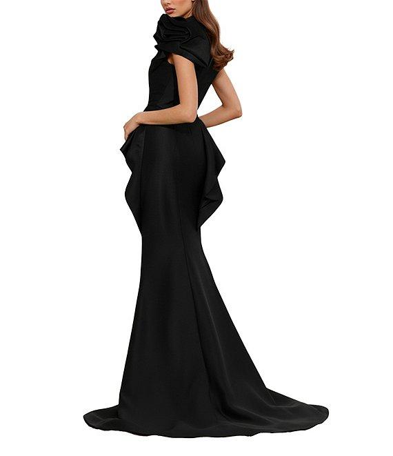 Terani Couture Taffeta One Floral Applique Shoulder Peplum Gown Product Image