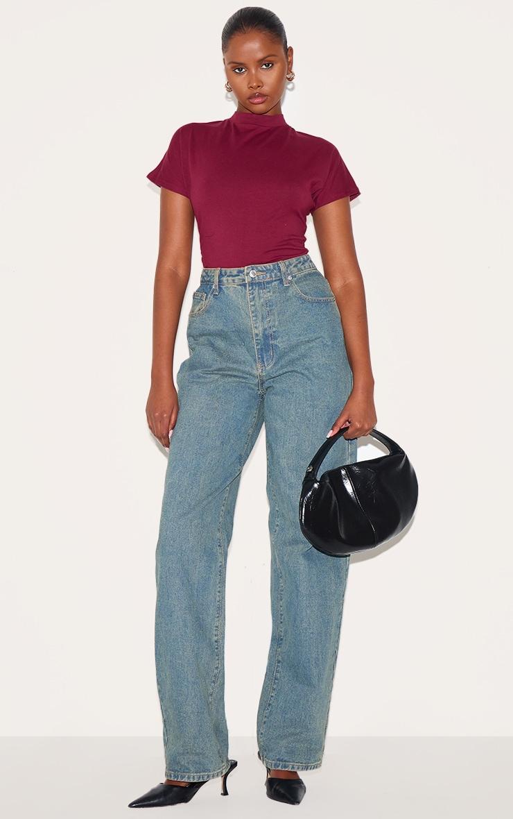 Wine Oversized Cinched Waist Detail T Shirt Product Image