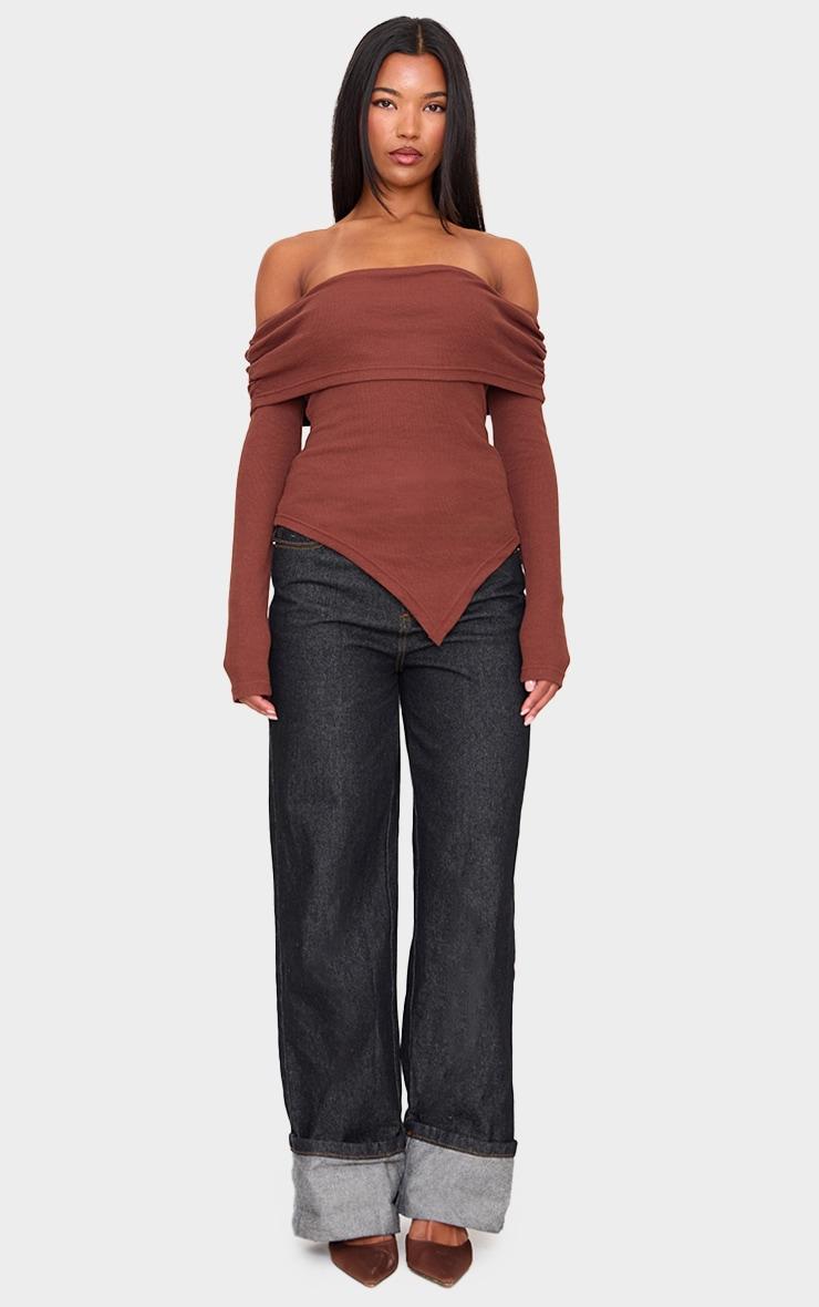 Chocolate Fold Over Bardot Dipped Hem Long Top Product Image