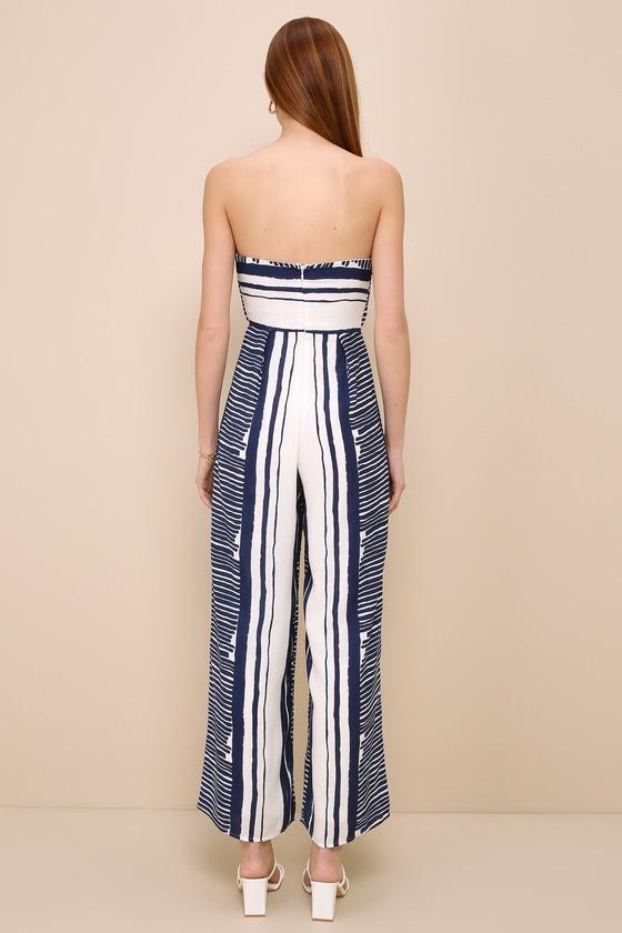 Delphi Blue and White Striped Tie-Front Strapless Jumpsuit Product Image