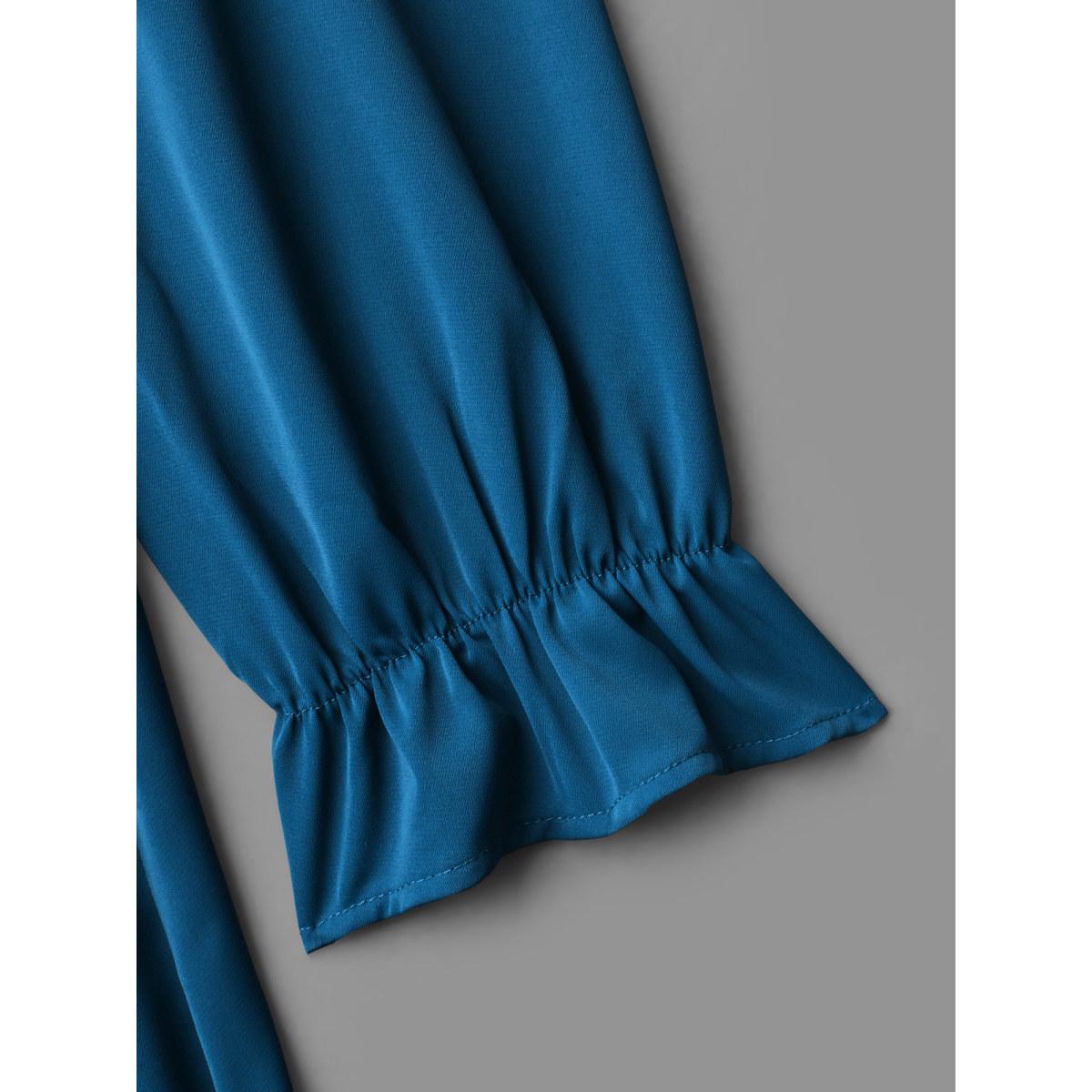 Plus Size Ruffle Cuff Elastic Waist Split Hem Dress Aegean Women At the Office Pleated Round Neck Long Sleeve Curvy BloomChic 18-20/2X Product Image