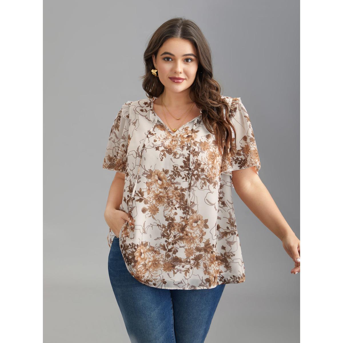 Plus Size WhiteSmoke Floral Print Ruffle Neck Shirt Women Elegant Short sleeve Flat collar with V-notch Everyday Blouses BloomChic 18-20/2X Product Image