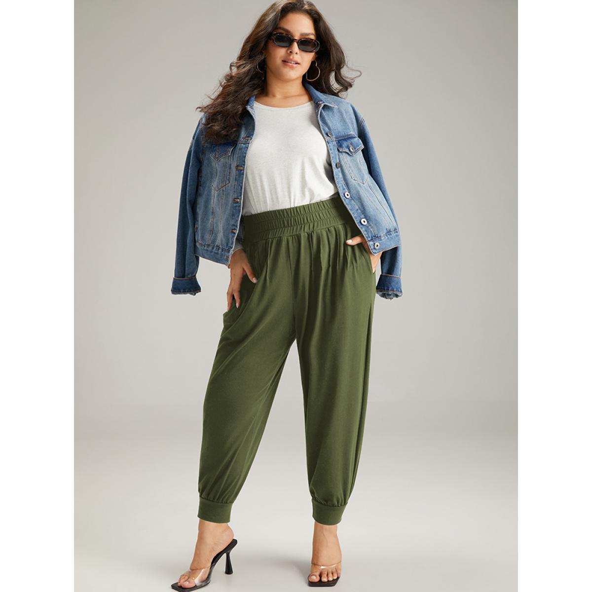 Solid Shirred Pocket Harem Sweatpants ArmyGreen Plus Size Women Casual Dailywear Tummy control 30/6X Bloomchic Product Image