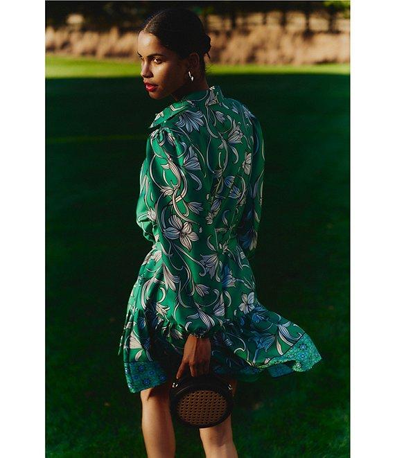 Anne Klein Satin Floral Print Point Collar Neck Long Sleeve Button Front Waist Tie Shirt Mini Dress Product Image