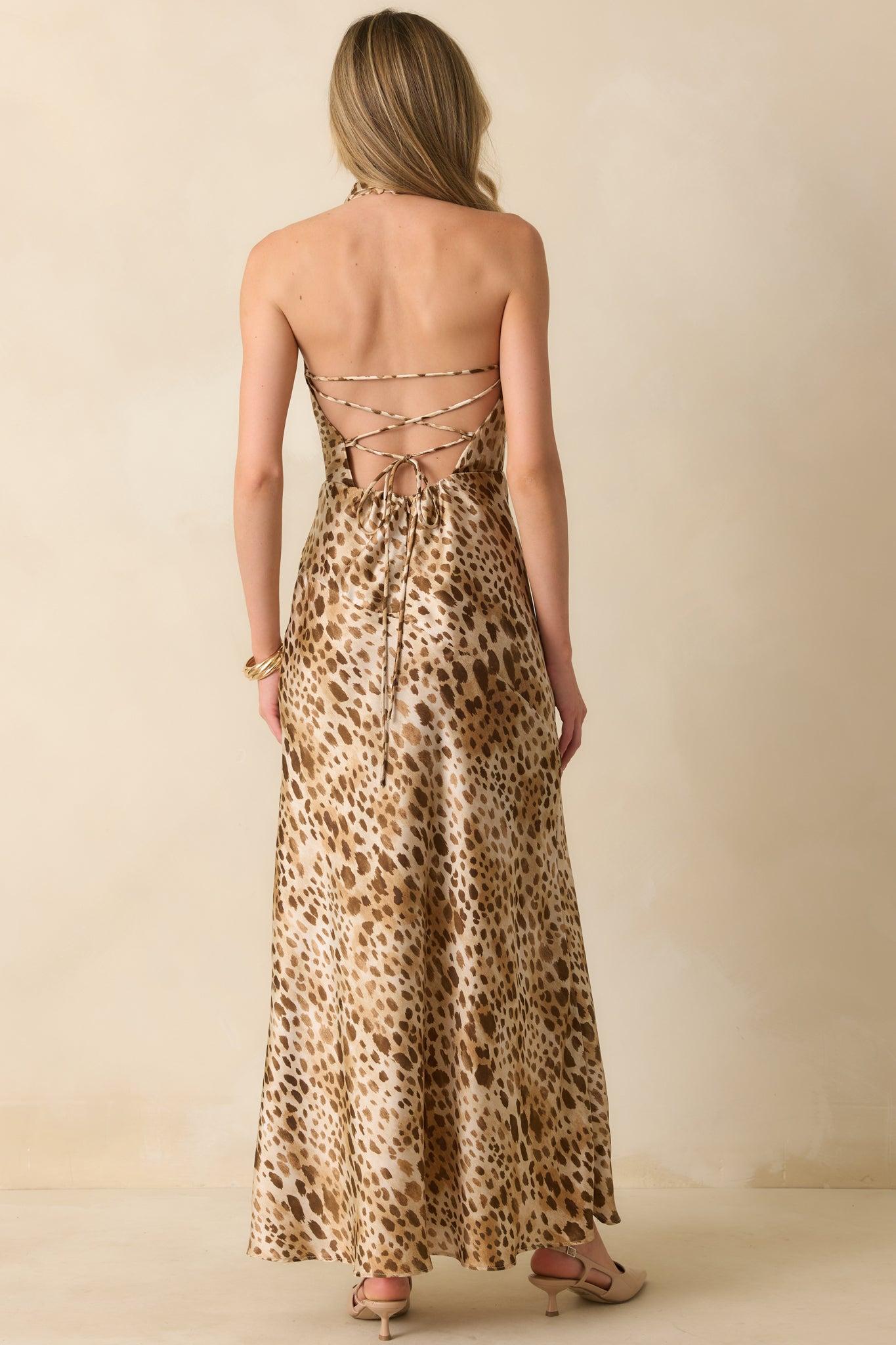 In Case You Forgot Tan Leopard Print Satin Halter Maxi Dress Product Image