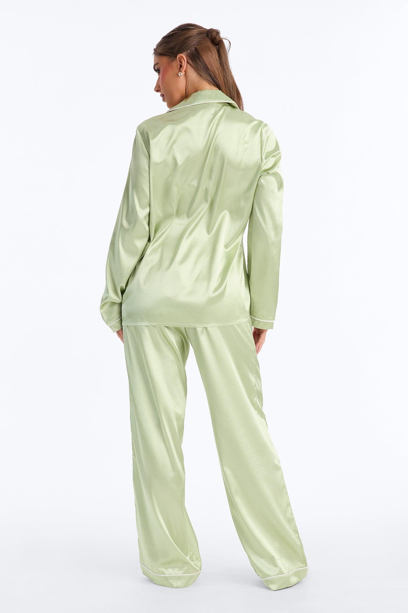 Bedtime Stretch Satin Long Sleeve PJ Pant Set - Sage Female Product Image
