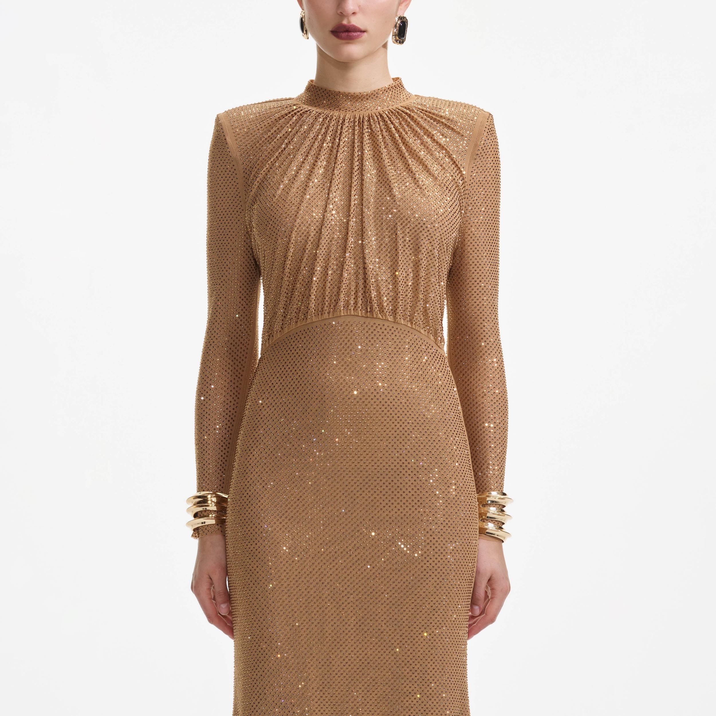 Brown Rhinestone Gathered Maxi Dress Product Image