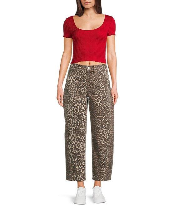 Daze Barrell Leg Mid Rise Leopard Print Denim Jeans Product Image