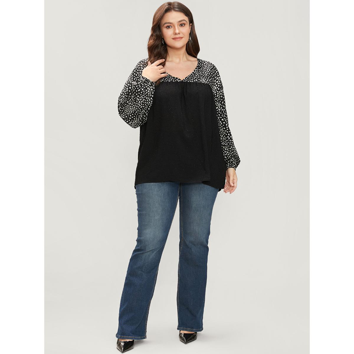Plus Size Black Leopard Patchwork Raglan Sleeve V Neck Blouse Women Elegant Long Sleeve V-neck Dailywear Blouses BloomChic 12/L Product Image