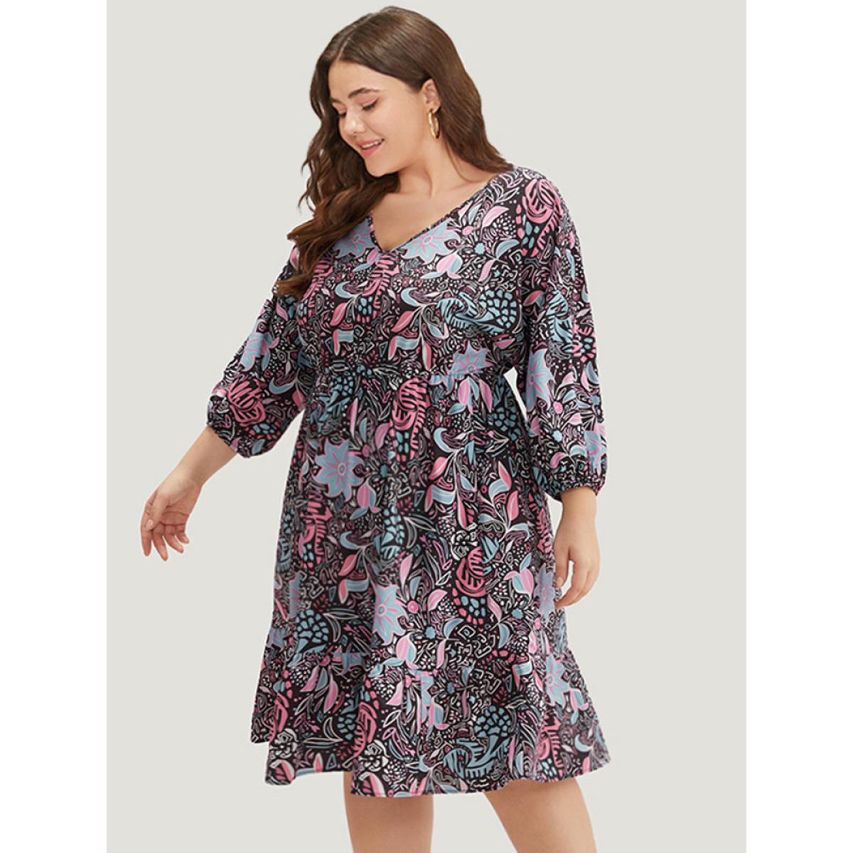 Plus Size Floral Print Lantern Sleeve Elastic Waist Dress Multicolor Women Vacation Elastic cuffs V-neck Elbow-length sleeve Curvy Midi Dress BloomChic 12/L Product Image