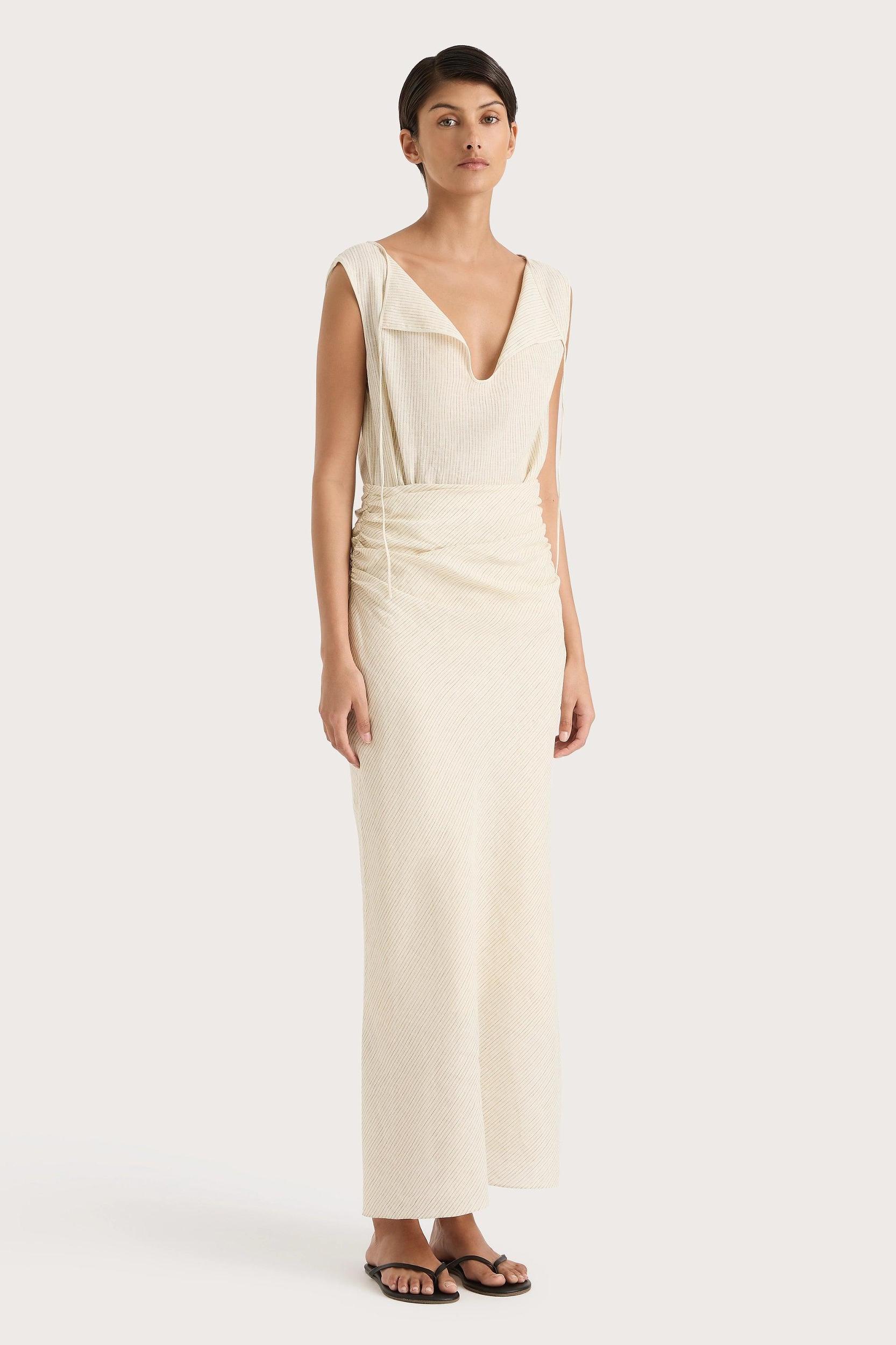 Aveline Dress Beige Pinstripe - Final Sale Product Image