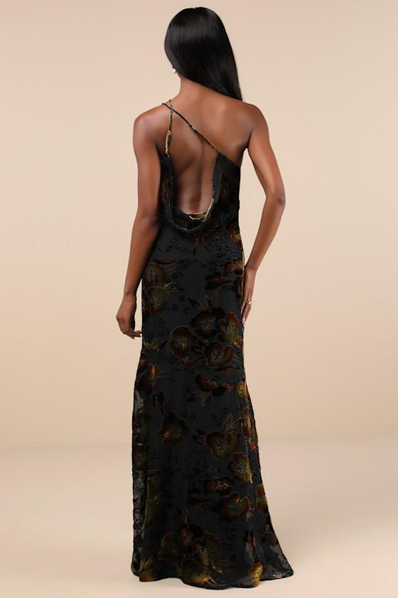 Ethereal Entrance Black Velvet Burnout One-Shoulder Maxi Dress Product Image