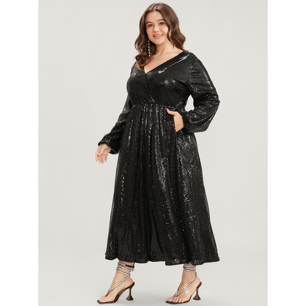 Plus Size Solid Lantern Sleeve Pocket Wrap Sequin Maxi Dress Black Women Party Elastic Waist V-neck Long Sleeve Curvy Long Dress BloomChic 14-16/1X Product Image