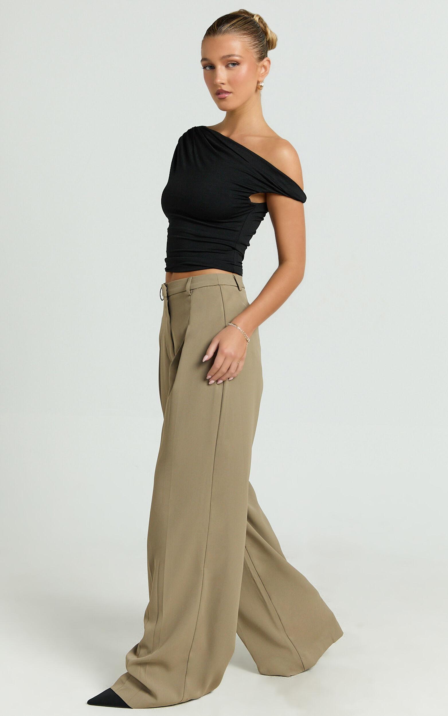 Harlee Pants - Mid Waist Pleated Wide Leg Pants in Olive Product Image