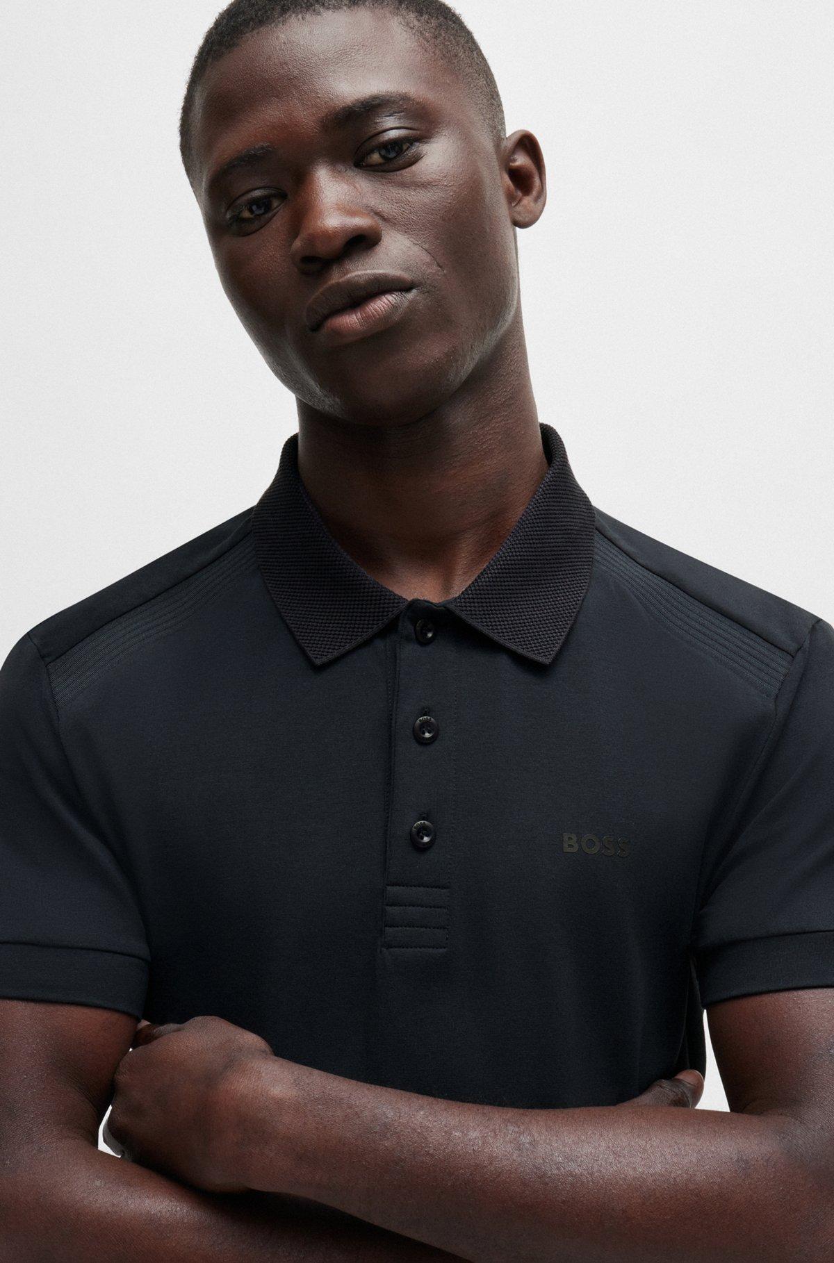 BOSS - Stretch-cotton polo shirt with striped tape inserts - Dark Blue Product Image