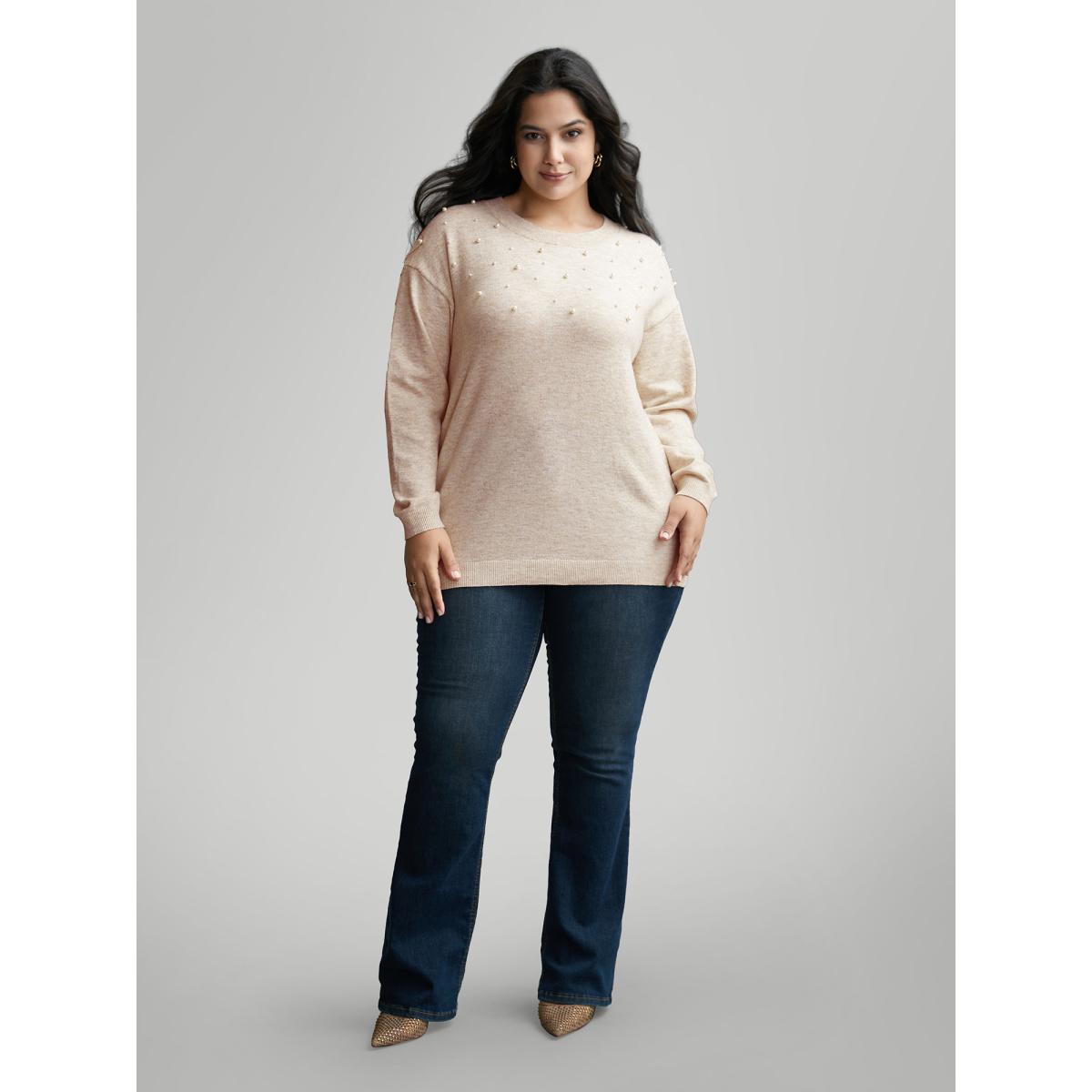 Plus Size Round Neck Pearl Beaded Pullover Apricot Women Leisure Long Sleeve Round Neck Casual Pullovers BloomChic 22-24/3X Product Image