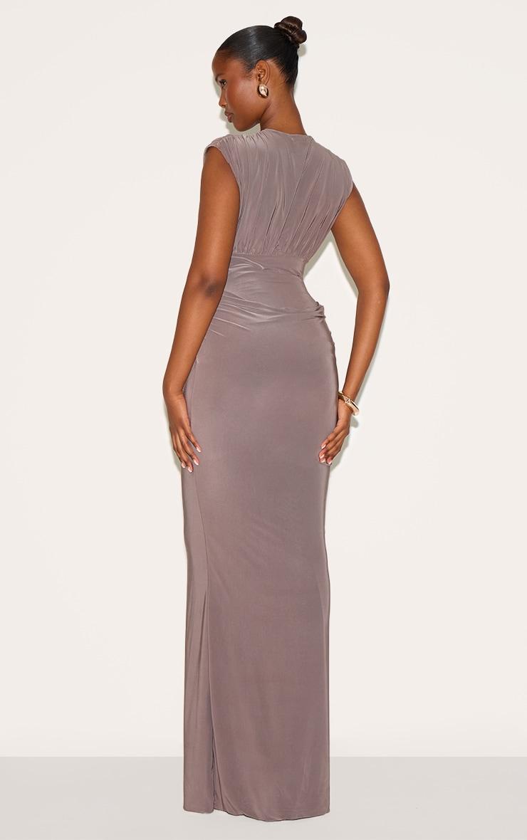 Taupe Double Layer Plunge Ruched Shoulder Drape Waist Maxi Dress Product Image