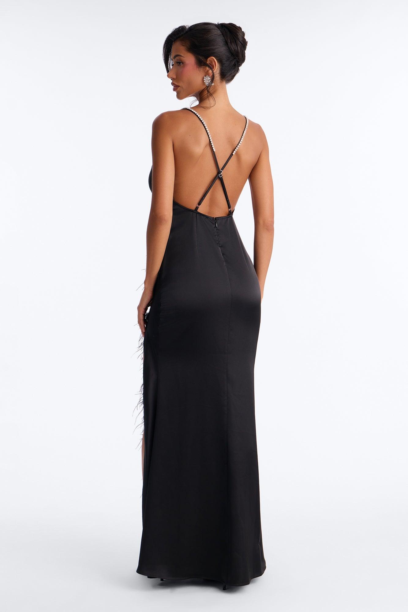 Isabella Feather Trim Satin Gown - Black Female Product Image