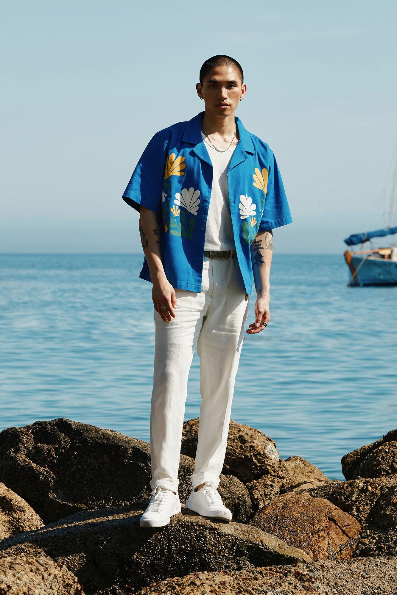 Botanical Garden Cropped Short Sleeve Button Up Shirts - Blue Product Image