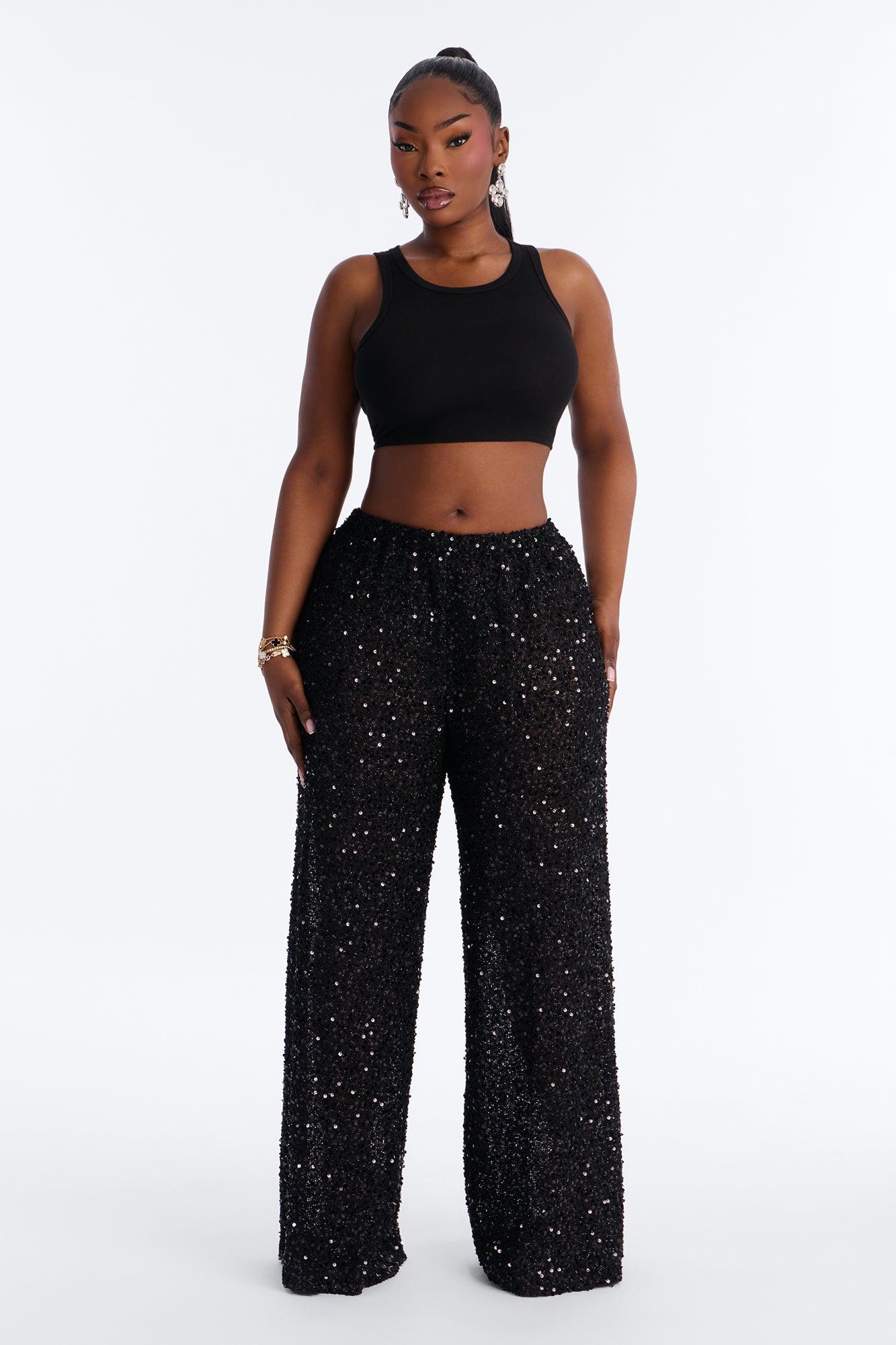 Azalea Low Rise Sequin Crochet Wide Leg Pant 33″ - Black Female Product Image