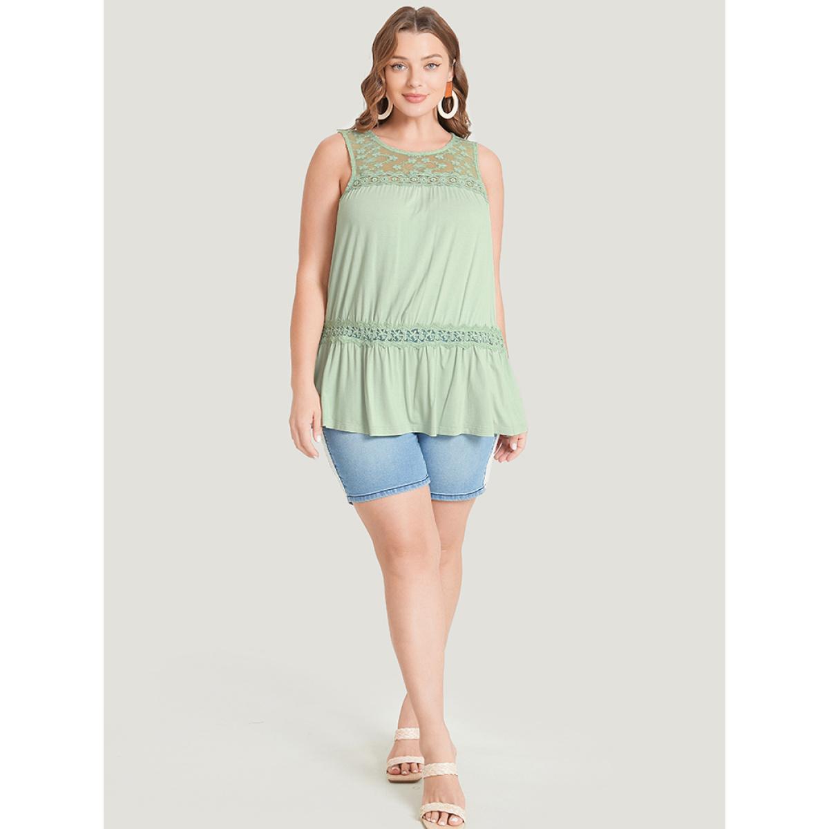 Plus Size Plain Contrast Lace Mesh Ruffle Hem Tank Top Women LightGreen Elegant Dailywear Tank Tops Camis BloomChic 10/M Product Image