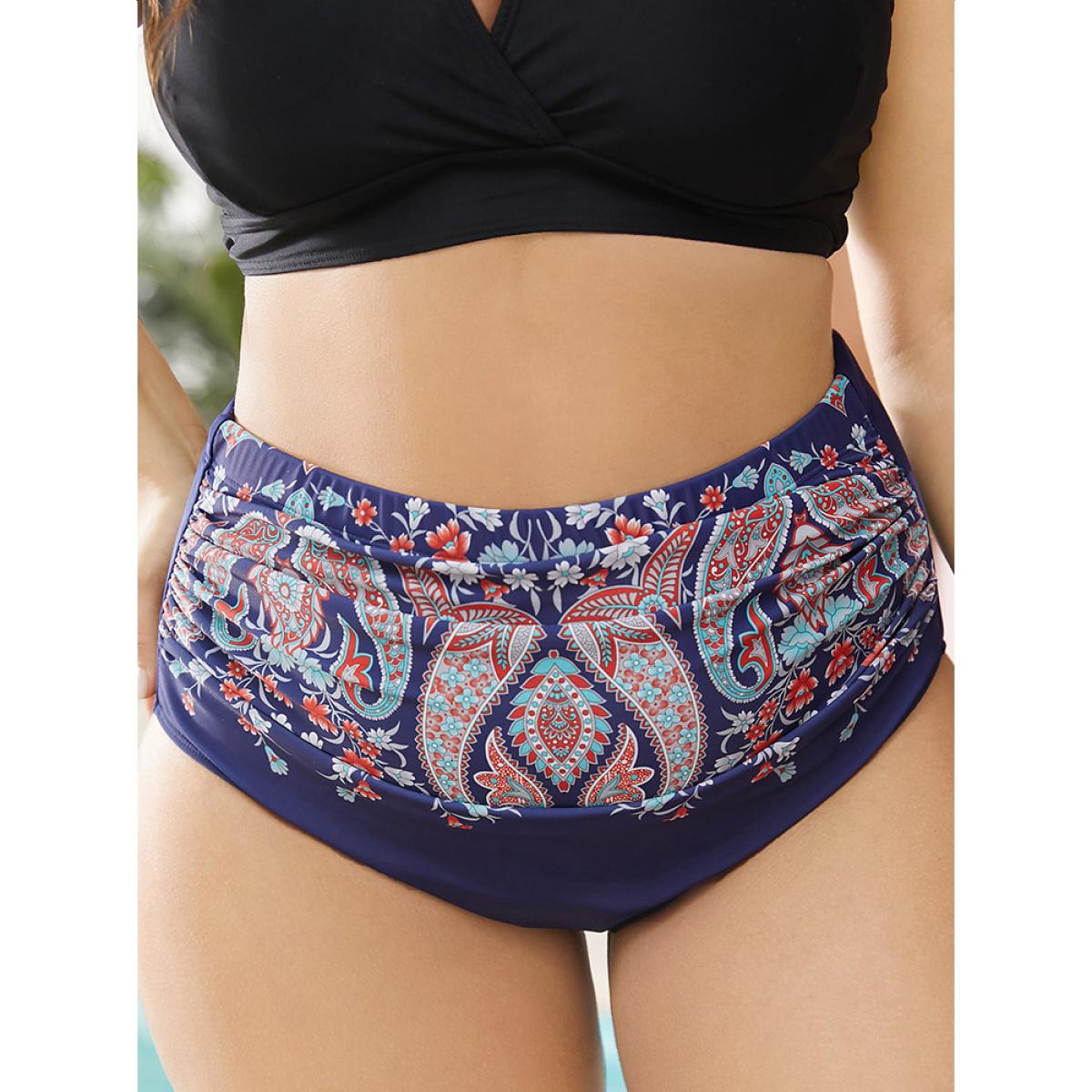 Plus Size Paisley Print Ruched Front Swim Bottom Women's Swimwear Navy Vacation Gathered High stretch Skinny High Rise Curve Swim Bottoms BloomChic 14-16/1X Product Image