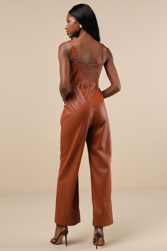Trendiest Cutie Brown Vegan Leather Straight Leg Jumpsuit Product Image