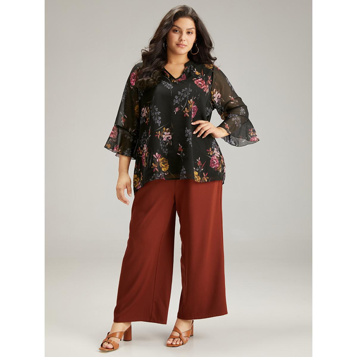 Plus Size Black Floral Mesh Ruffle Sleeve Blouse Women Elegant Long Sleeve V-neck Dailywear Blouses BloomChic 14-16/1X Product Image