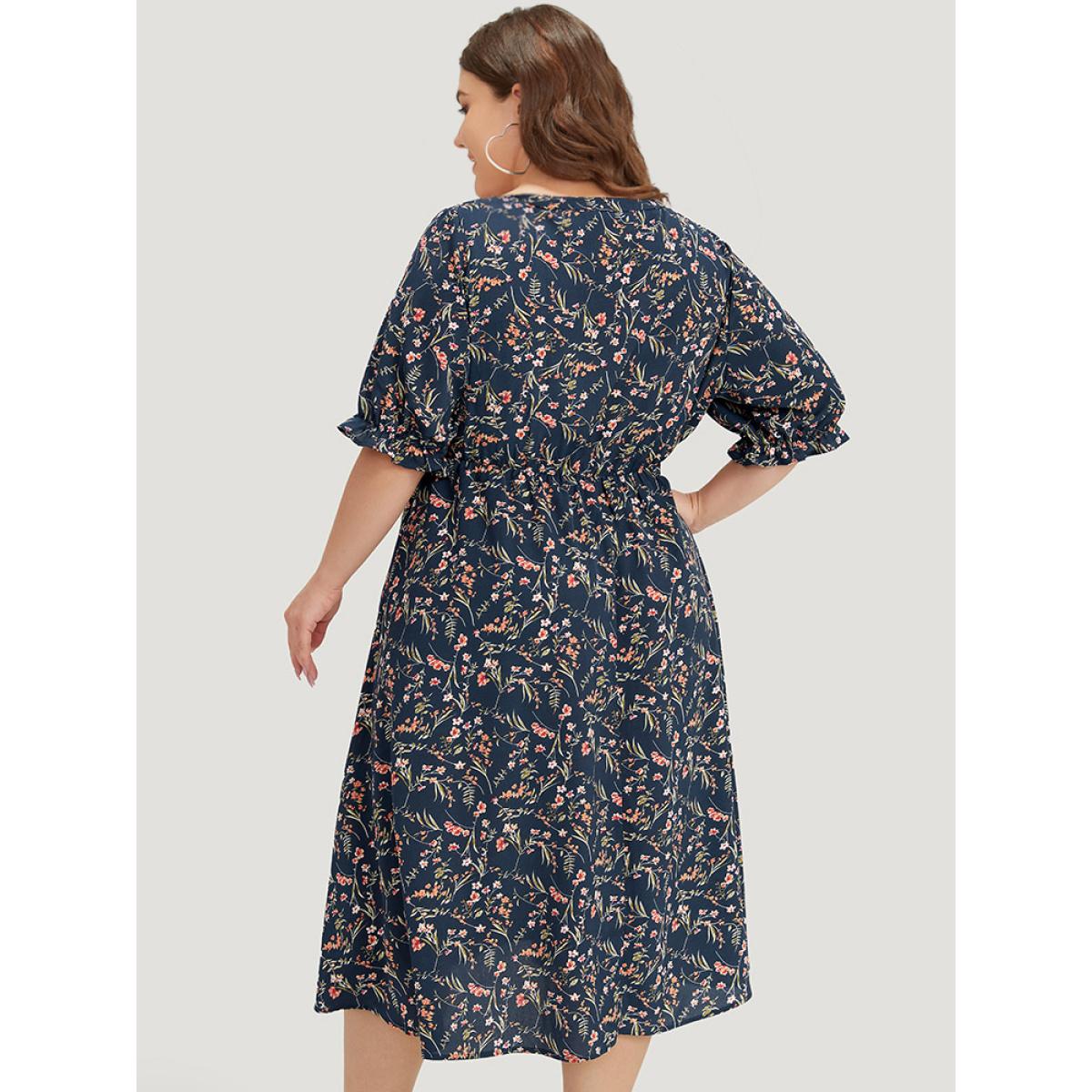 Plus Size Ditsy Floral Notched Flutter Trim Elastic Waist Dress DarkBlue Women Elegant Printed Notched collar Half Sleeve Curvy Midi Dress BloomChic 12/L Product Image