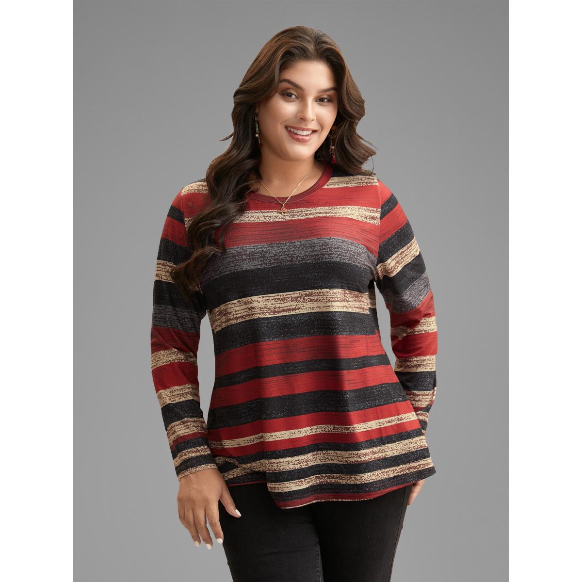 Plus Size Holiday Colorful Striped Tee Multicolor Women Casual Contrast Round Neck Everyday T-shirts BloomChic 28/5X Product Image