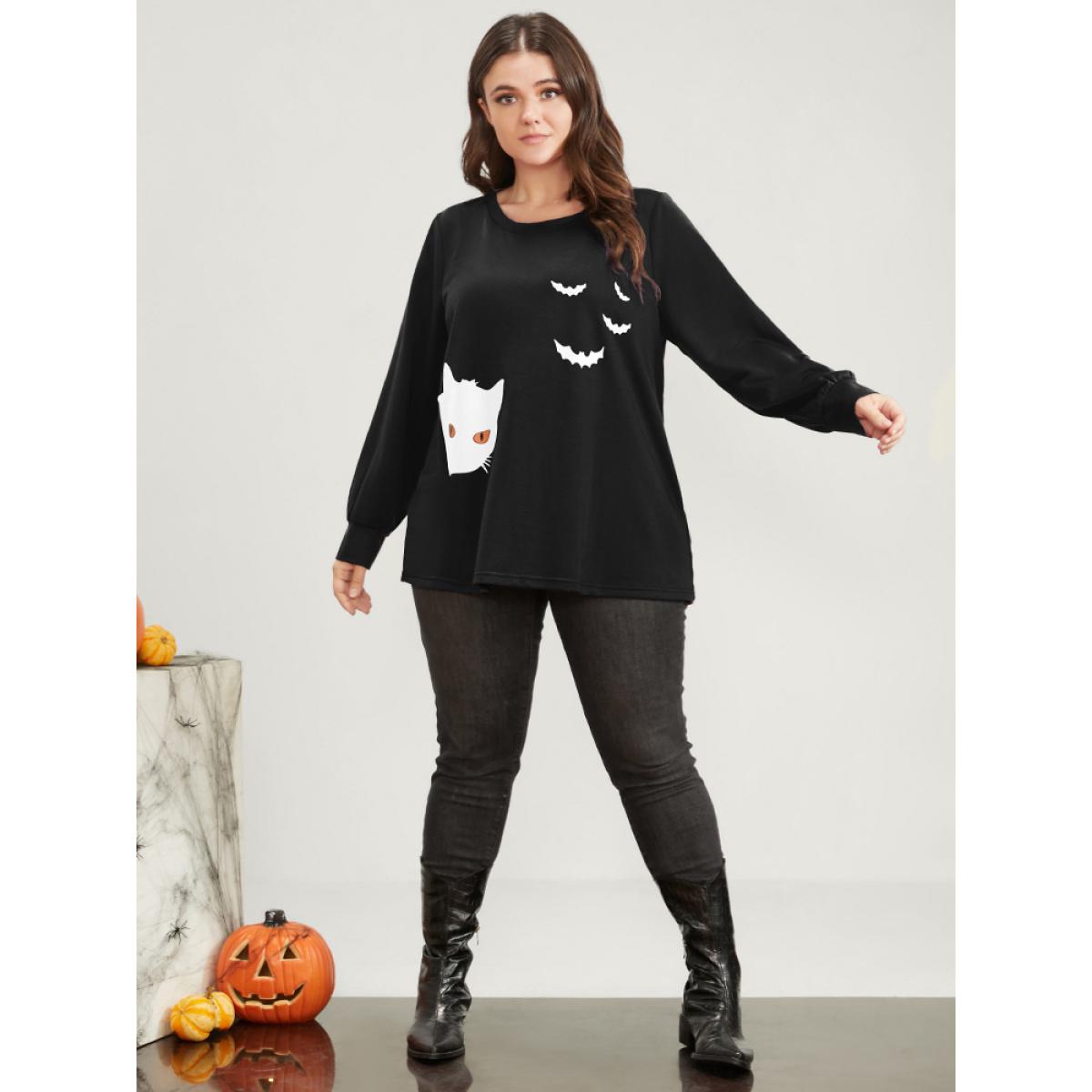 Plus Size Halloween Print Round Neck Drop Shoulder Sweatshirt Women Black Casual Printed V-neck Festival-Halloween Sweatshirts BloomChic 14-16/1X Product Image