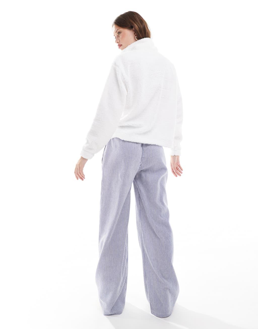 Threadbare striped pants lounge set with borg quarter zip top in white Product Image
