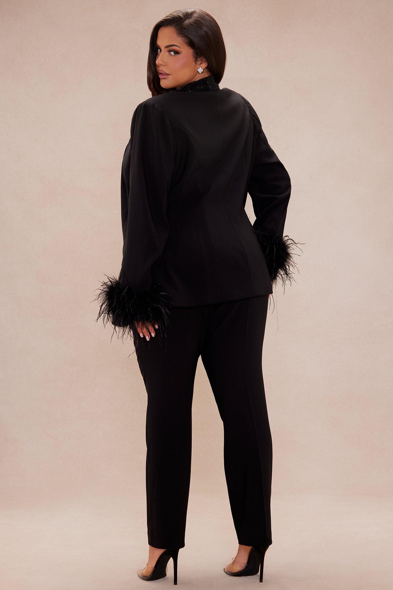 Clarissa Embellished Feather Blazer Suit Set - Black Product Image