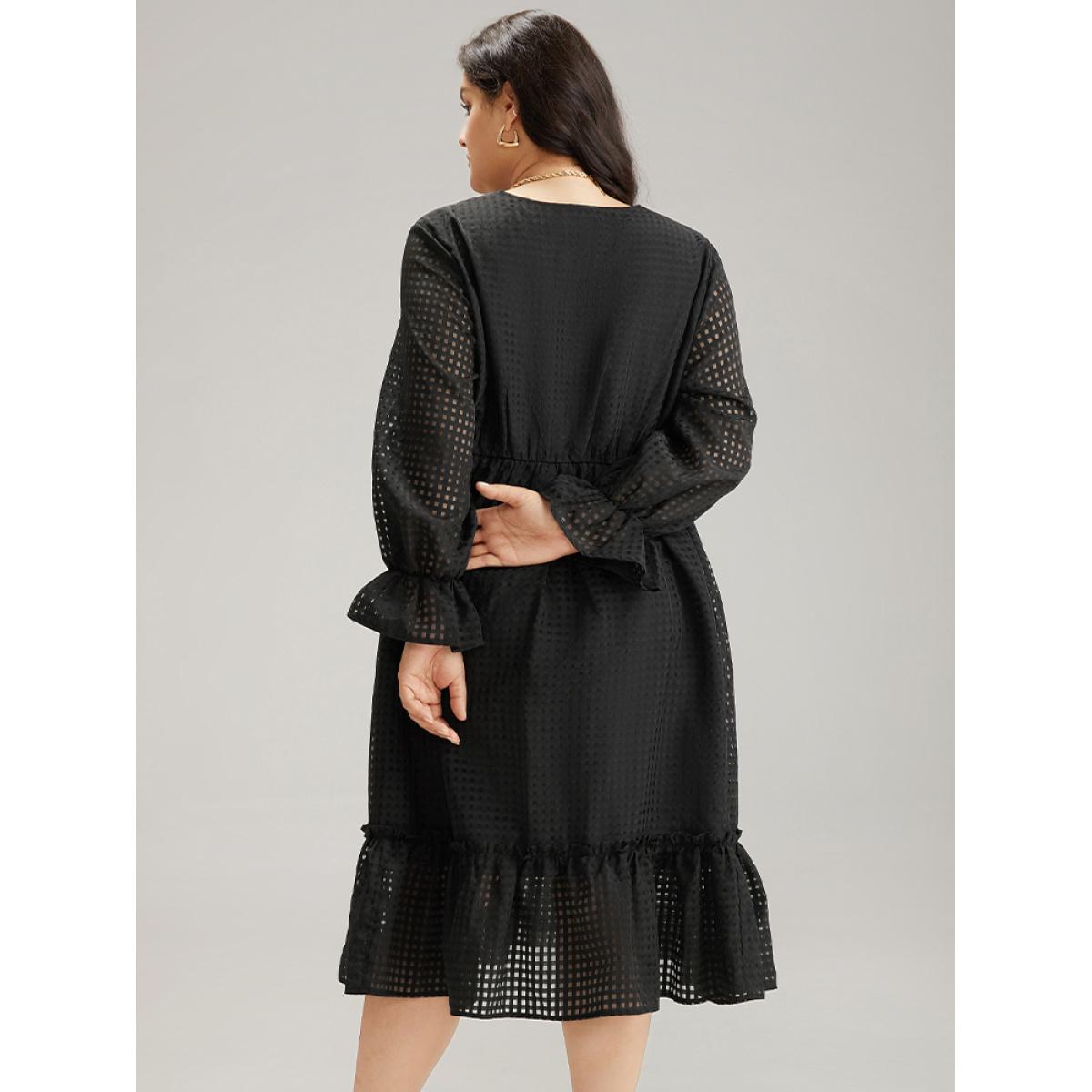 Plus Size Solid Pocket Mesh Frill Trim Dress Black Women Elegant See through V-neck Long Sleeve Curvy Midi Dress BloomChic 22-24/3X Product Image