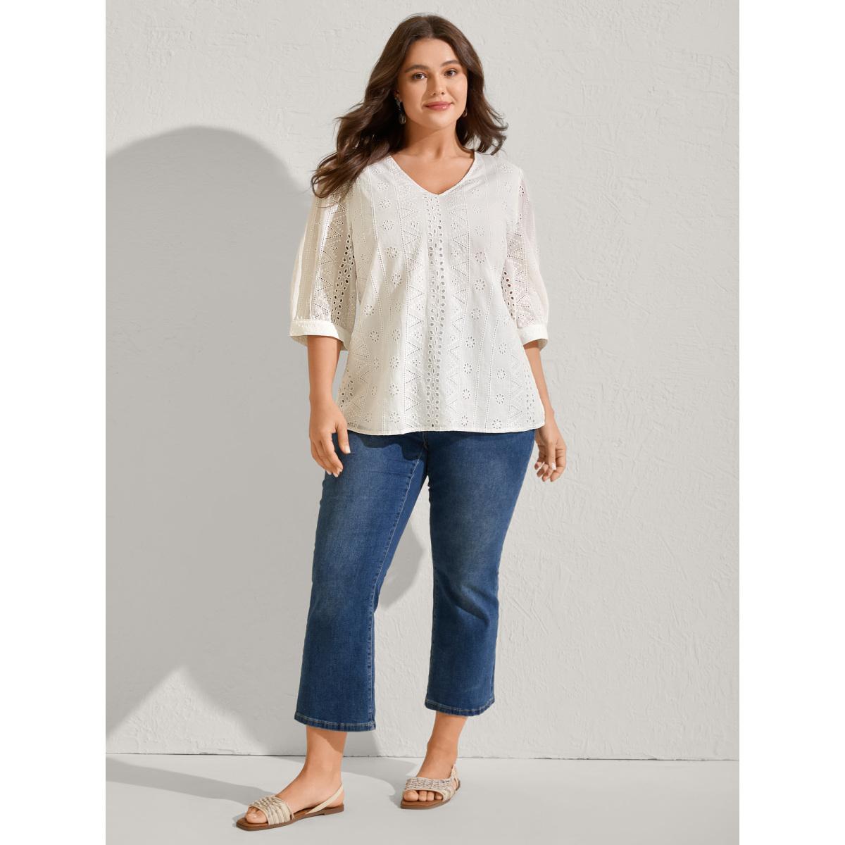 Plus Size WhiteSmoke Cotton Eyelet Embroidery V-Neck Blouse Women Boho Elbow-length sleeve V-neck Vacation Blouses BloomChic 26/4X Product Image