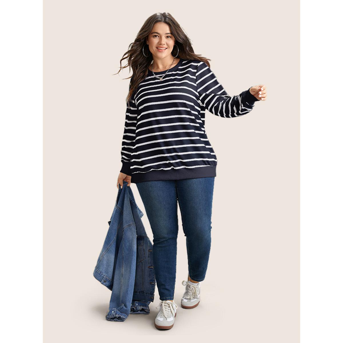 Plus Size Rib Knit Striped Round Neck Sweatshirt Women Blue Casual Non Round Neck Everyday Sweatshirts BloomChic 30/6X Product Image