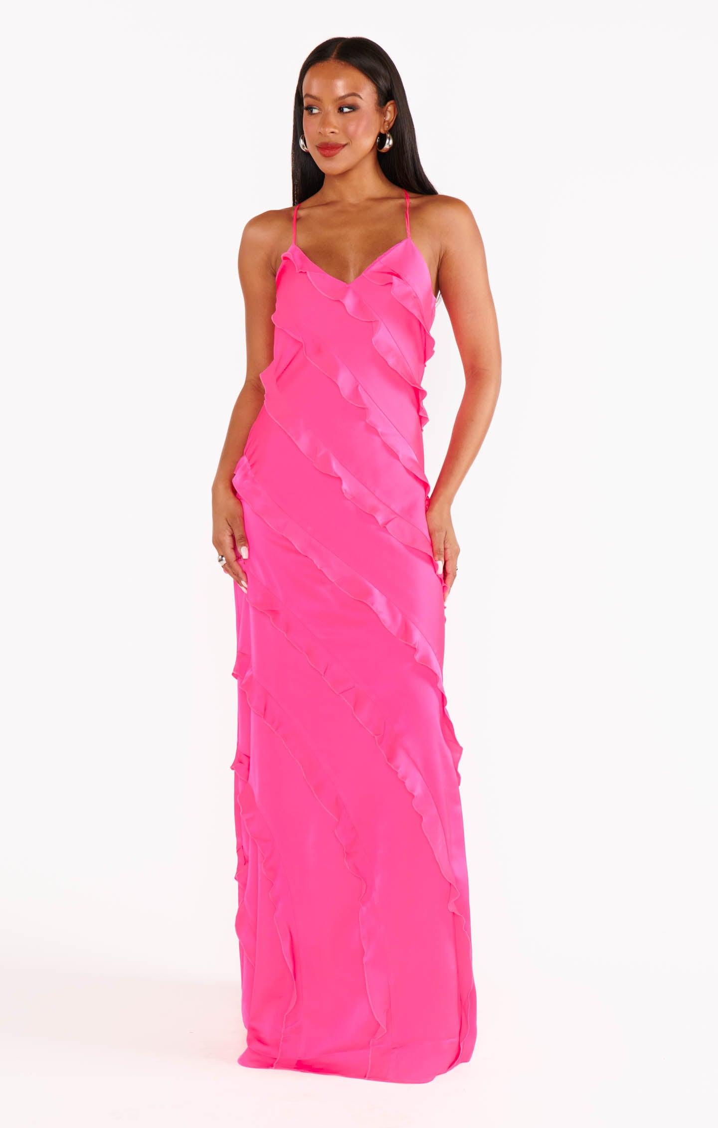 Romance Ruffle Dress ~ Vivid Pink Luxe Satin Product Image