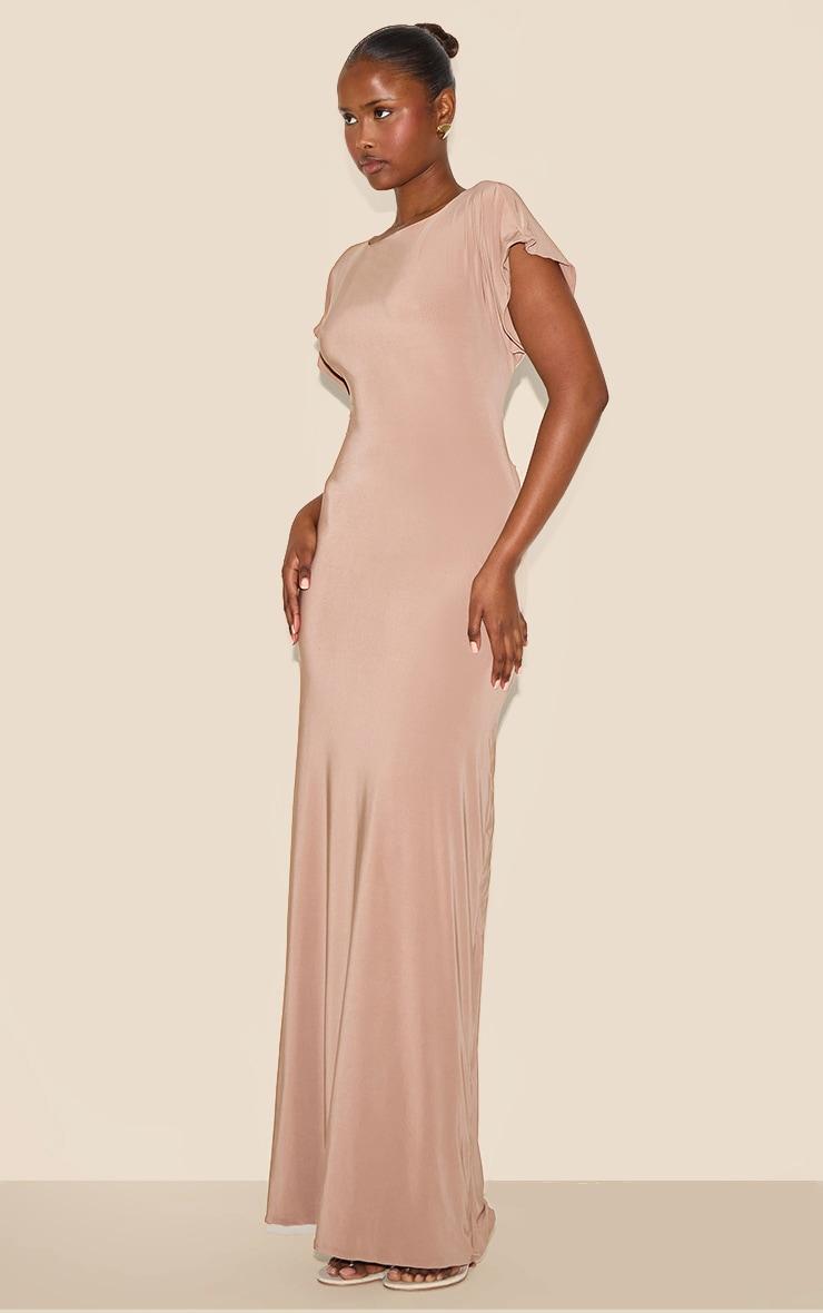 Beige Double Layered Slinky Ruched Short Sleeve Maxi Dress Product Image