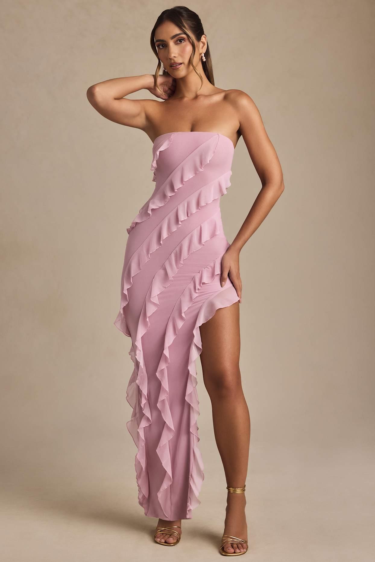 Bandeau Ruffle Detail Maxi Dress in Dusty Pink Product Image