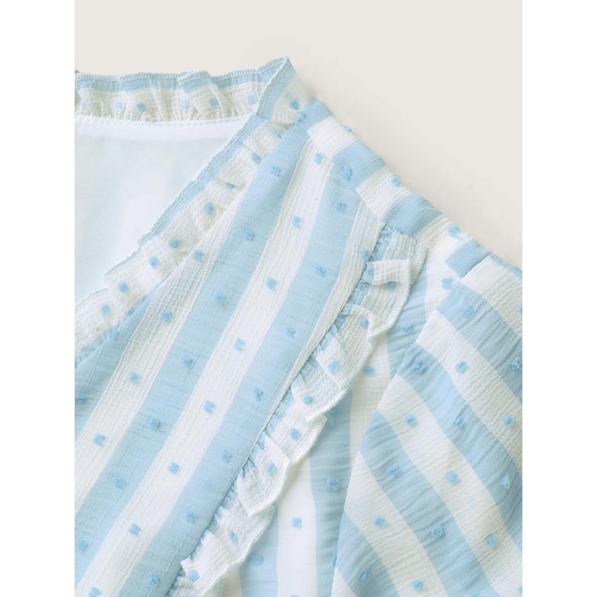 Plus Size Stone Textured Striped Print Ruffled Babydoll Top Women Short sleeve Deep V-neck Elegant Blouses BloomChic 12/L Product Image