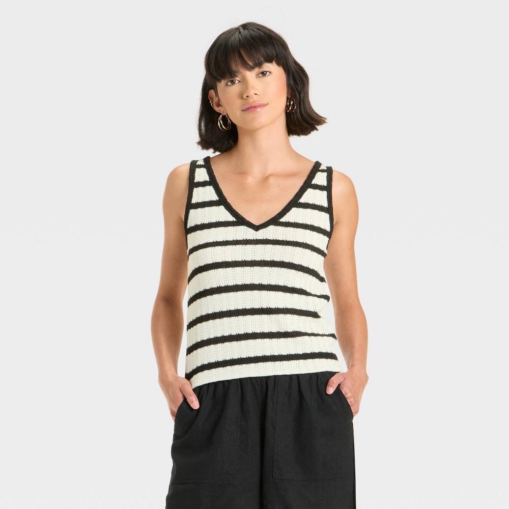 Women's Knit Openwork Tank Top - Universal Thread™ Black/White Striped Product Image