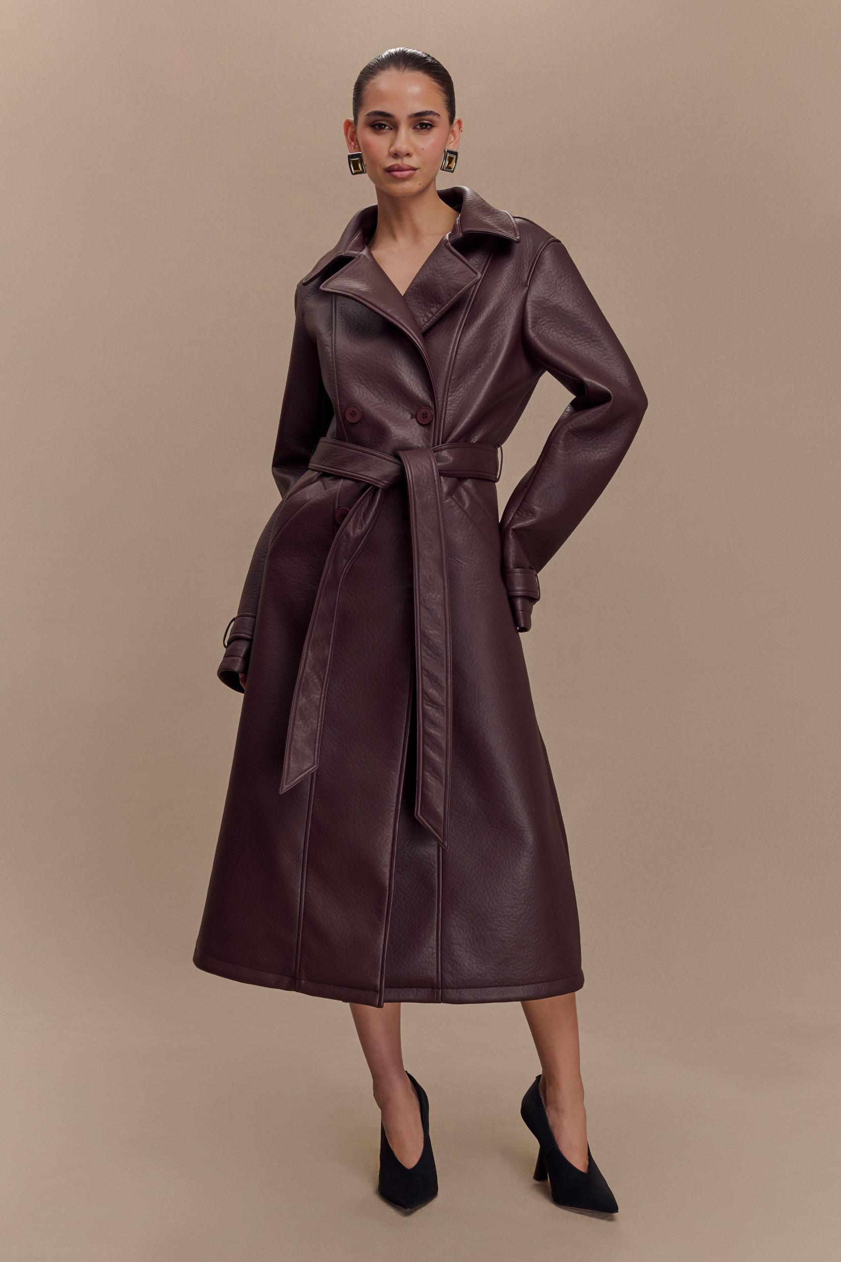 Tarah Faux Leather Trench Coat - Cacao Brown Product Image