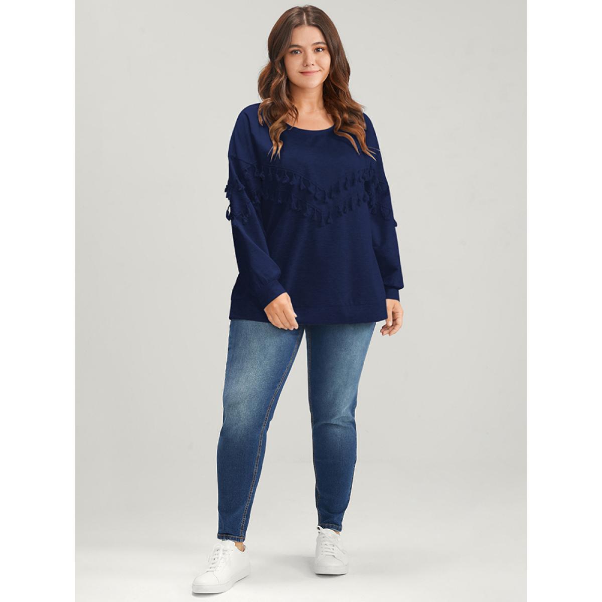 Plus Size Solid Round Neck Tassels Drop Shoulder Sweatshirt Women DarkBlue Casual Patchwork Round Neck Dailywear Sweatshirts BloomChic 12/L Product Image