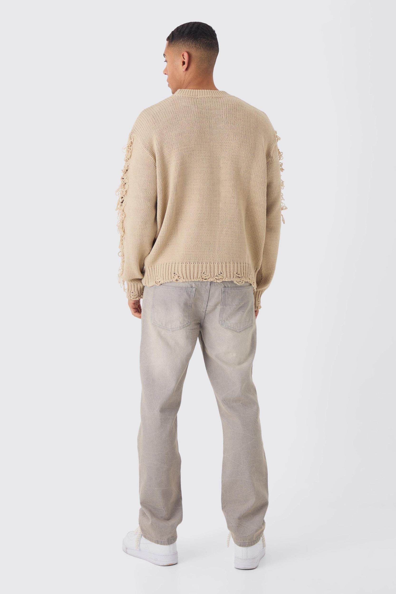 Oversized Distressed Sleeve Knitted Sweater | boohooMAN USA Product Image