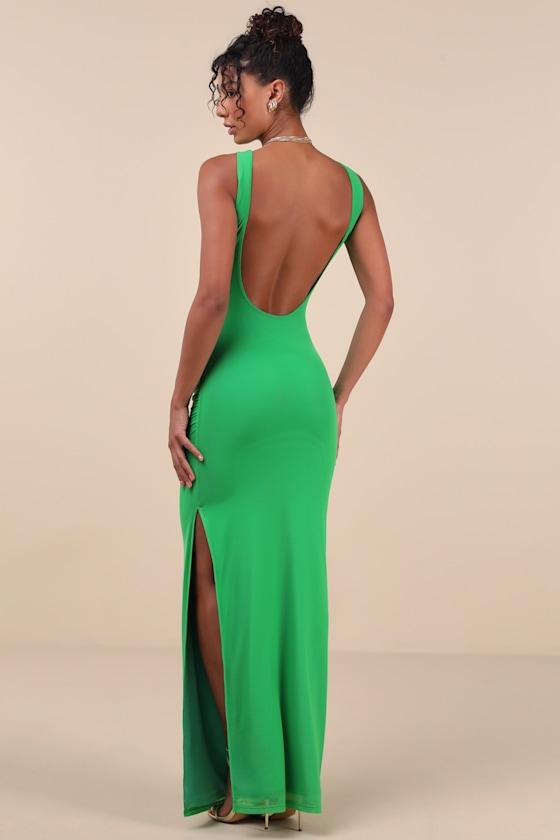 Karise Green Mesh Ruched Backless Maxi Dress Product Image