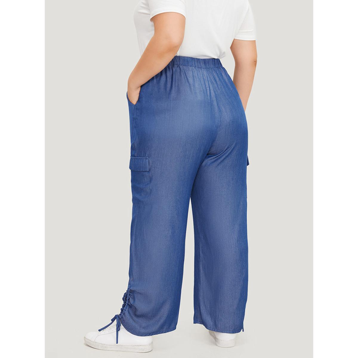 Plus Size Solid Flap Pocket Drawstring Cut Out Pants Women Blue Casual High Rise Dailywear Pants BloomChic 22-24/3X Product Image